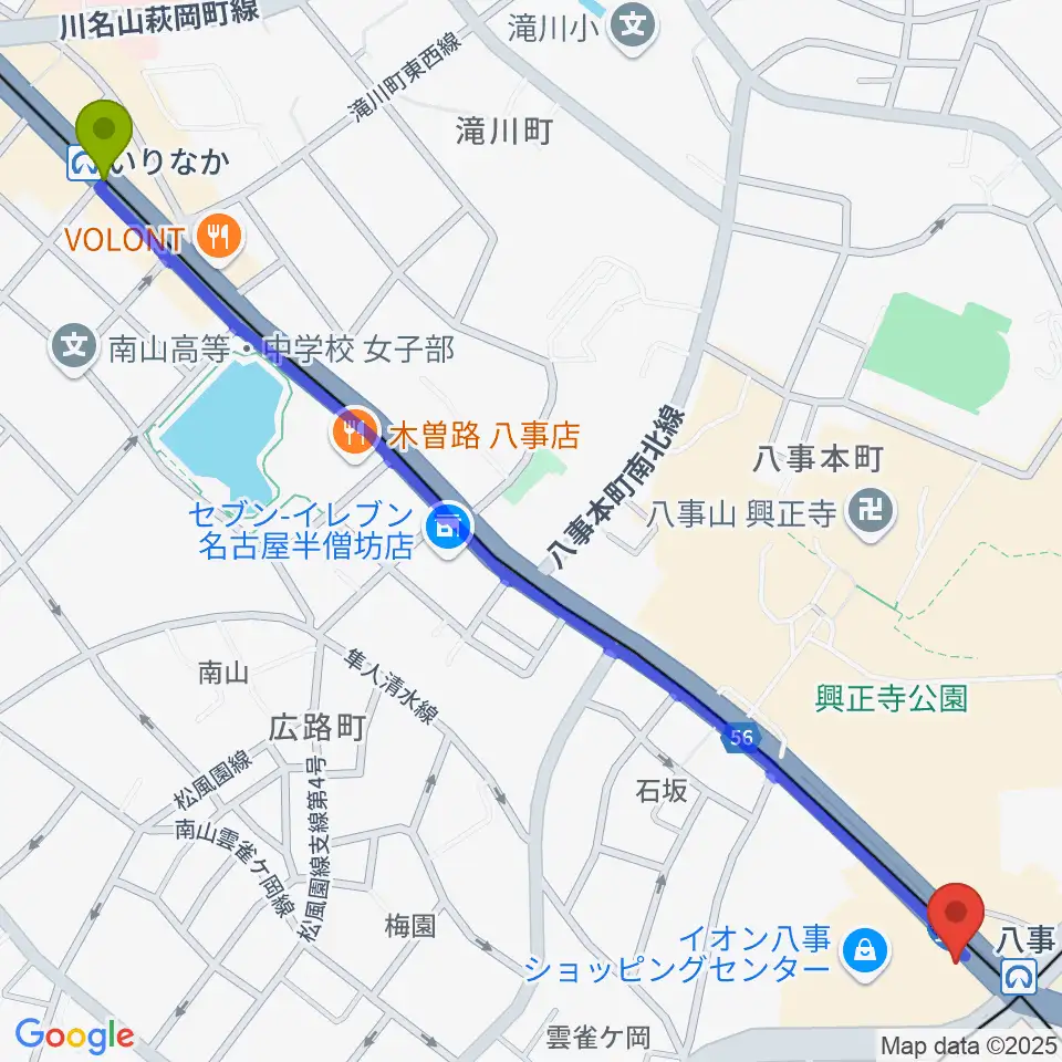 いりなか駅からポワンポワンスタジオ八事校へのルートマップ地図