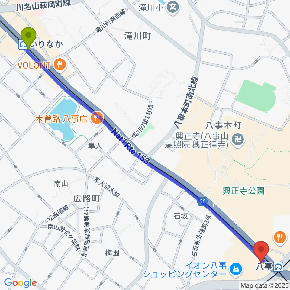 いりなか駅からポワンポワンスタジオ八事校へのルートマップ地図