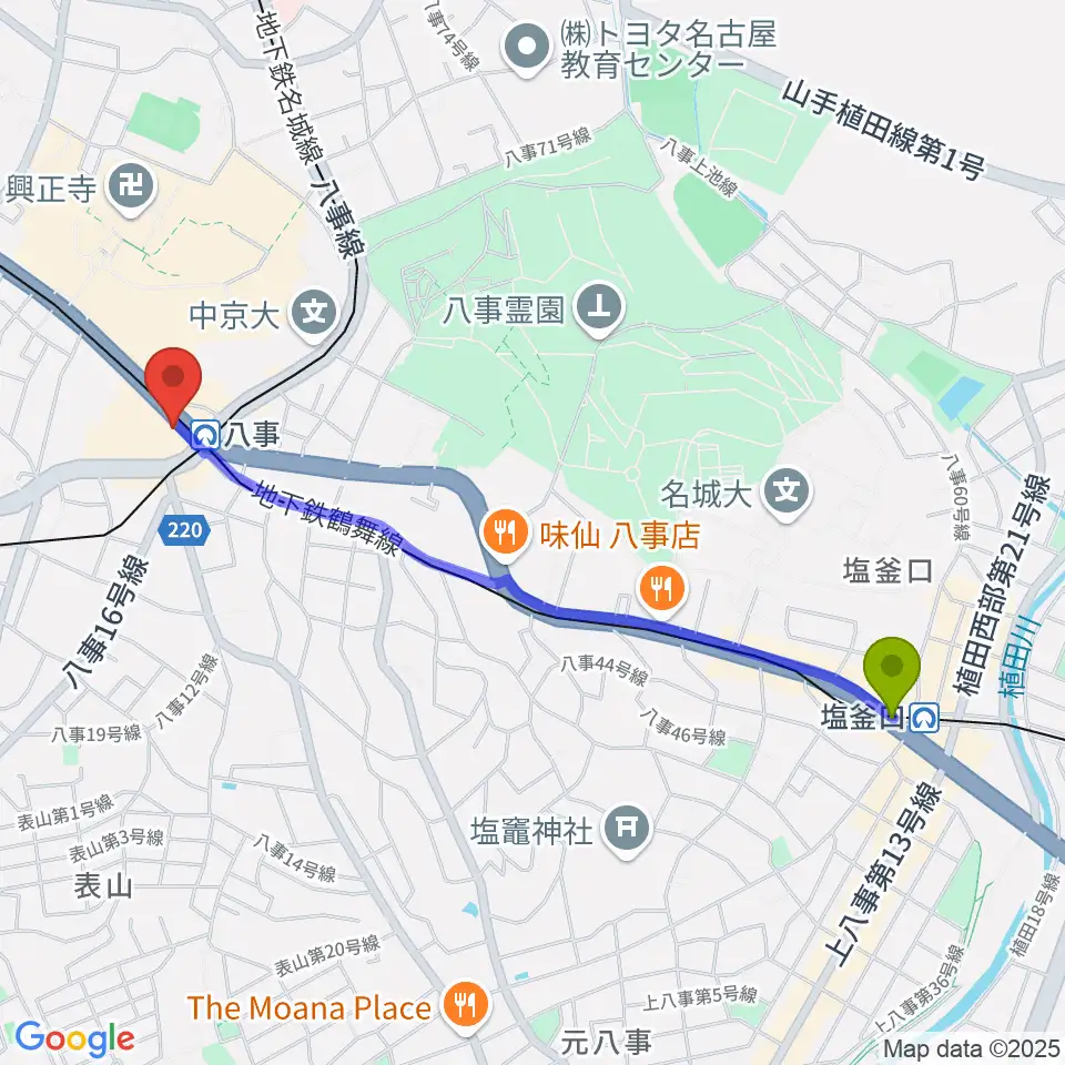 塩釜口駅からポワンポワンスタジオ八事校へのルートマップ地図