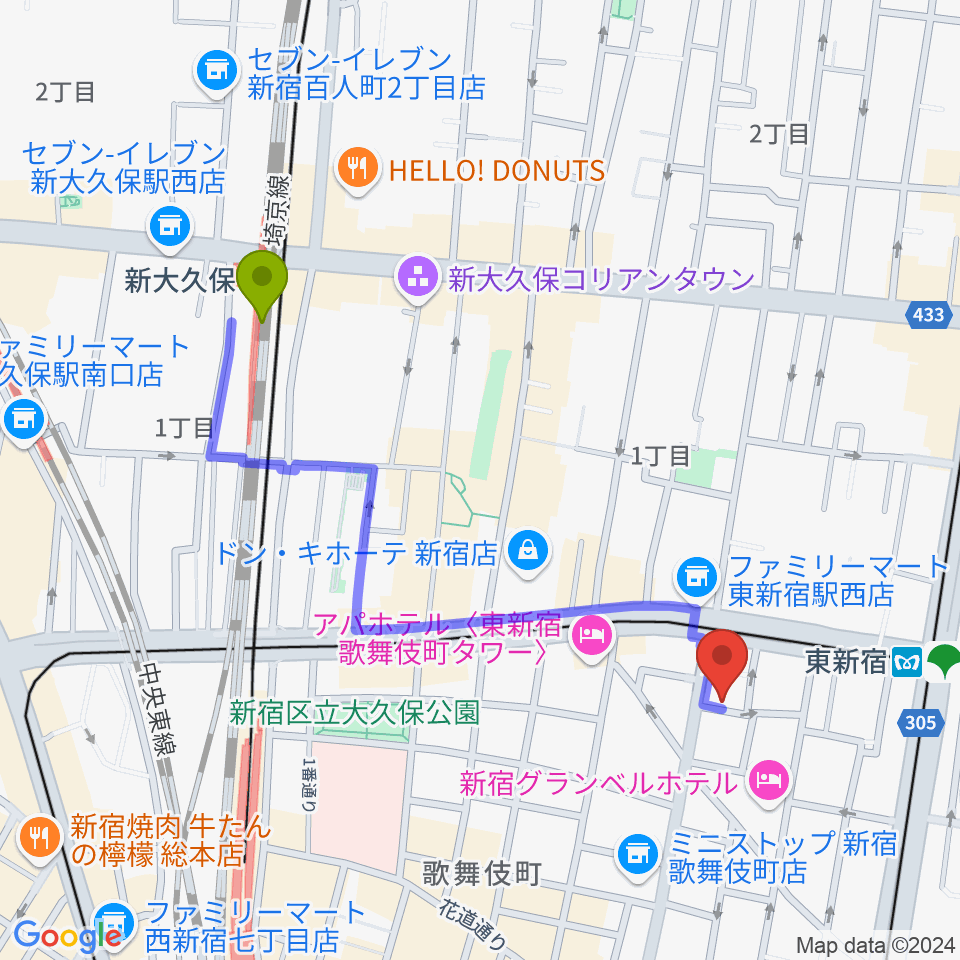 新大久保駅から新宿MUSIC BAR CIRCLEへのルートマップ地図