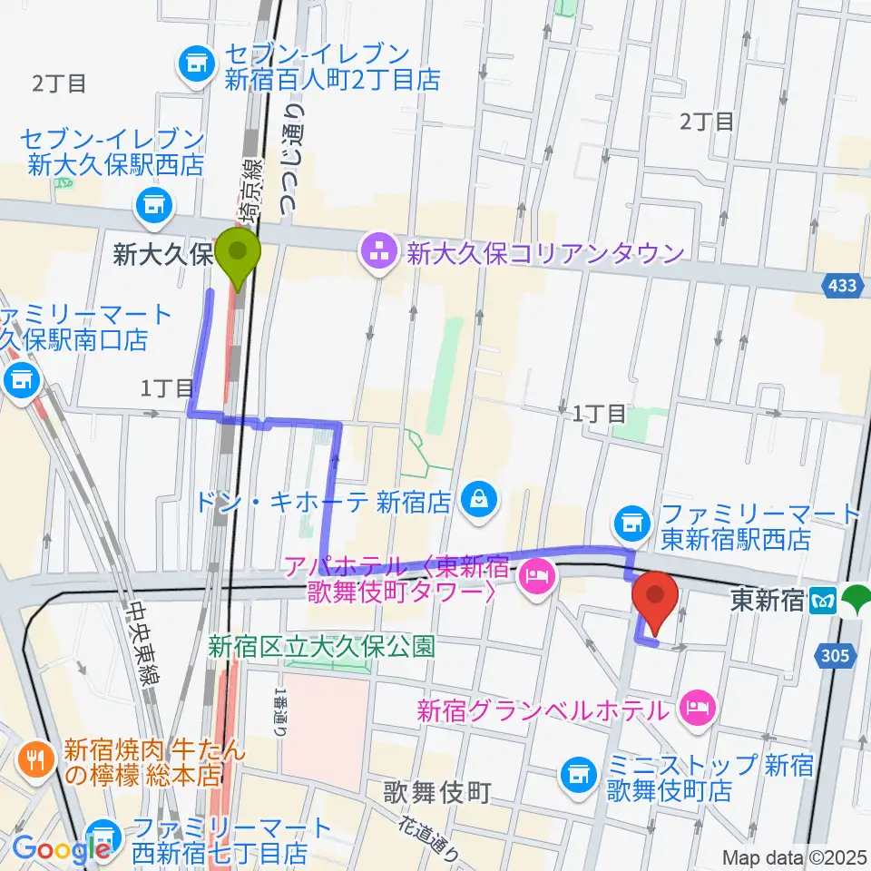 新大久保駅から新宿MUSIC BAR CIRCLEへのルートマップ地図