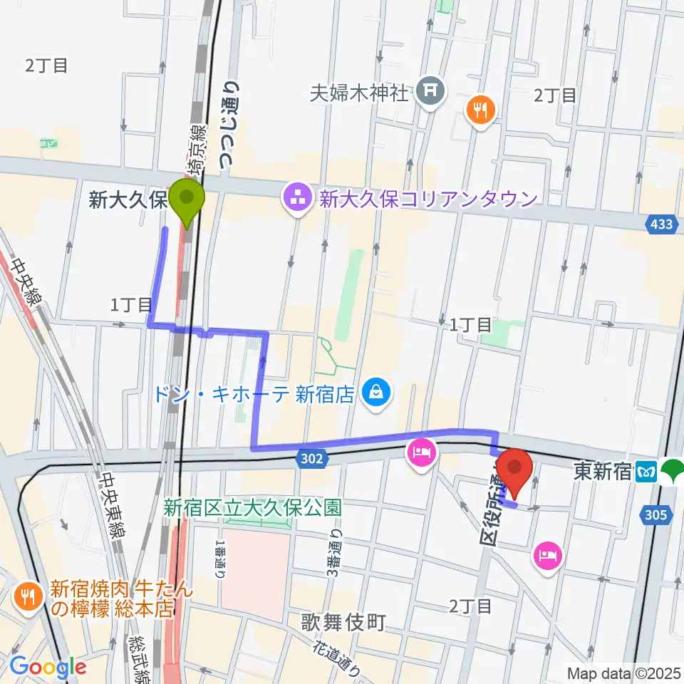 新大久保駅から新宿MUSIC BAR CIRCLEへのルートマップ地図