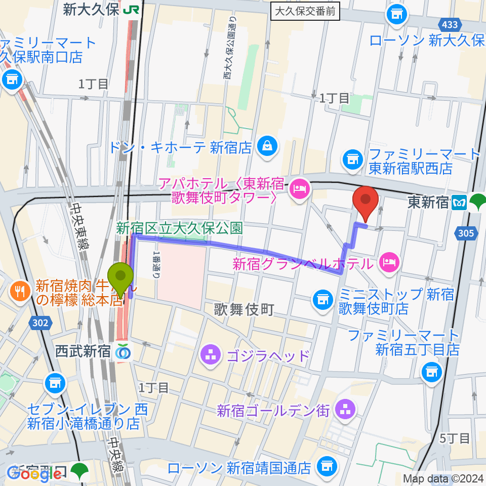 西武新宿駅から新宿MUSIC BAR CIRCLEへのルートマップ地図