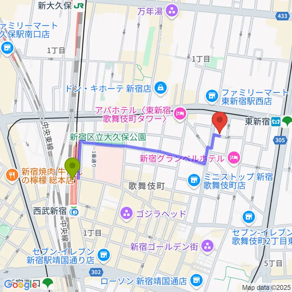 西武新宿駅から新宿MUSIC BAR CIRCLEへのルートマップ地図