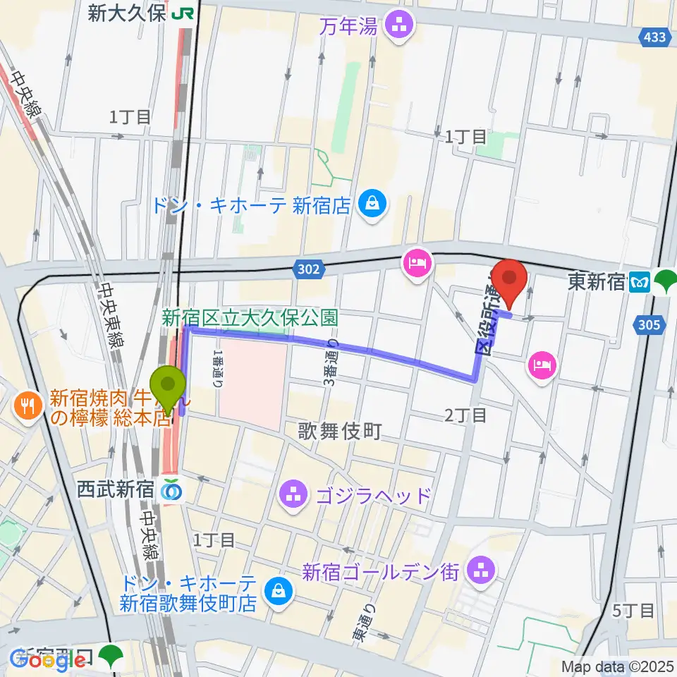 西武新宿駅から新宿MUSIC BAR CIRCLEへのルートマップ地図