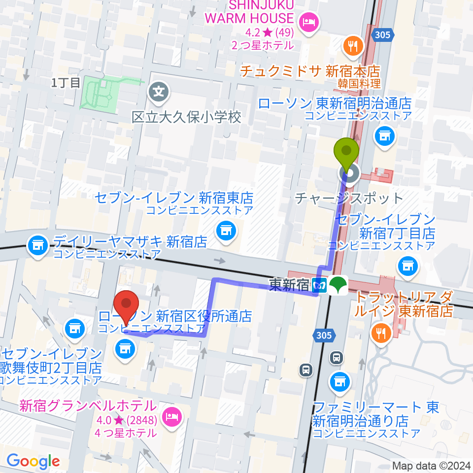 新宿MUSIC BAR CIRCLEの最寄駅東新宿駅からの徒歩ルート（約4分）地図