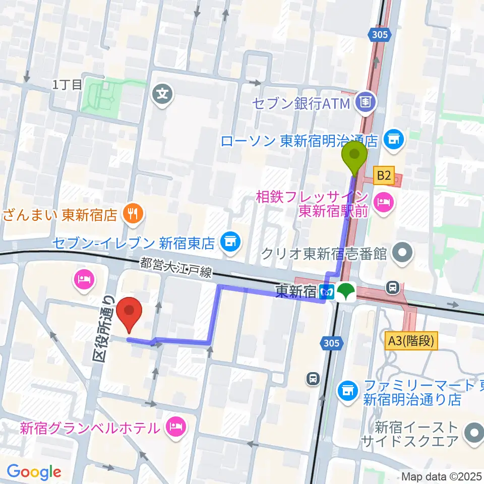新宿MUSIC BAR CIRCLEの最寄駅東新宿駅からの徒歩ルート（約4分）地図