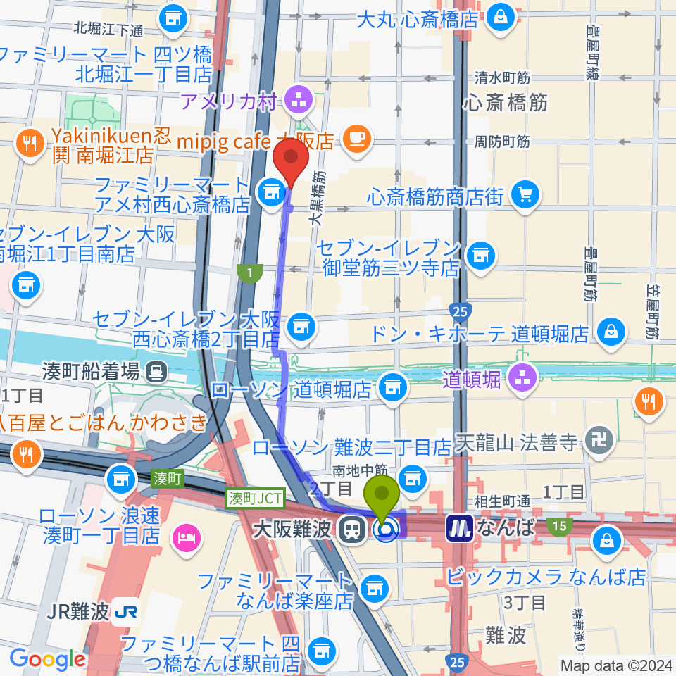 大阪難波駅から大阪CLUB JOULEへのルートマップ地図