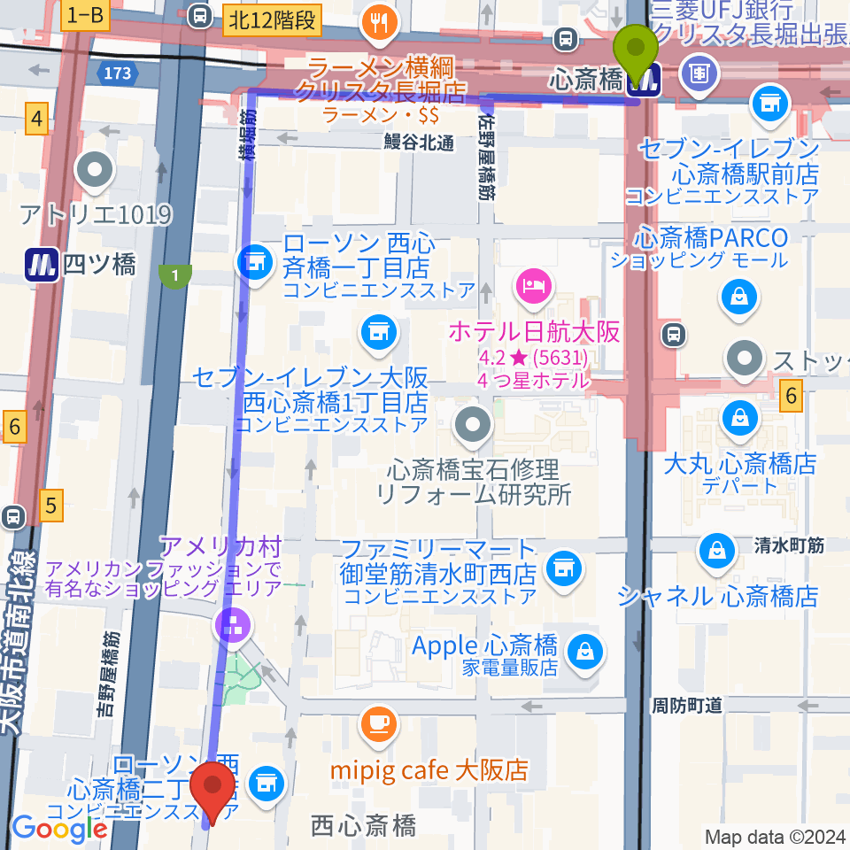 心斎橋駅から大阪CLUB JOULEへのルートマップ地図