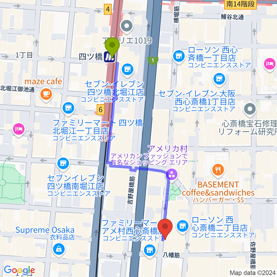 大阪CLUB JOULEの最寄駅四ツ橋駅からの徒歩ルート（約5分）地図