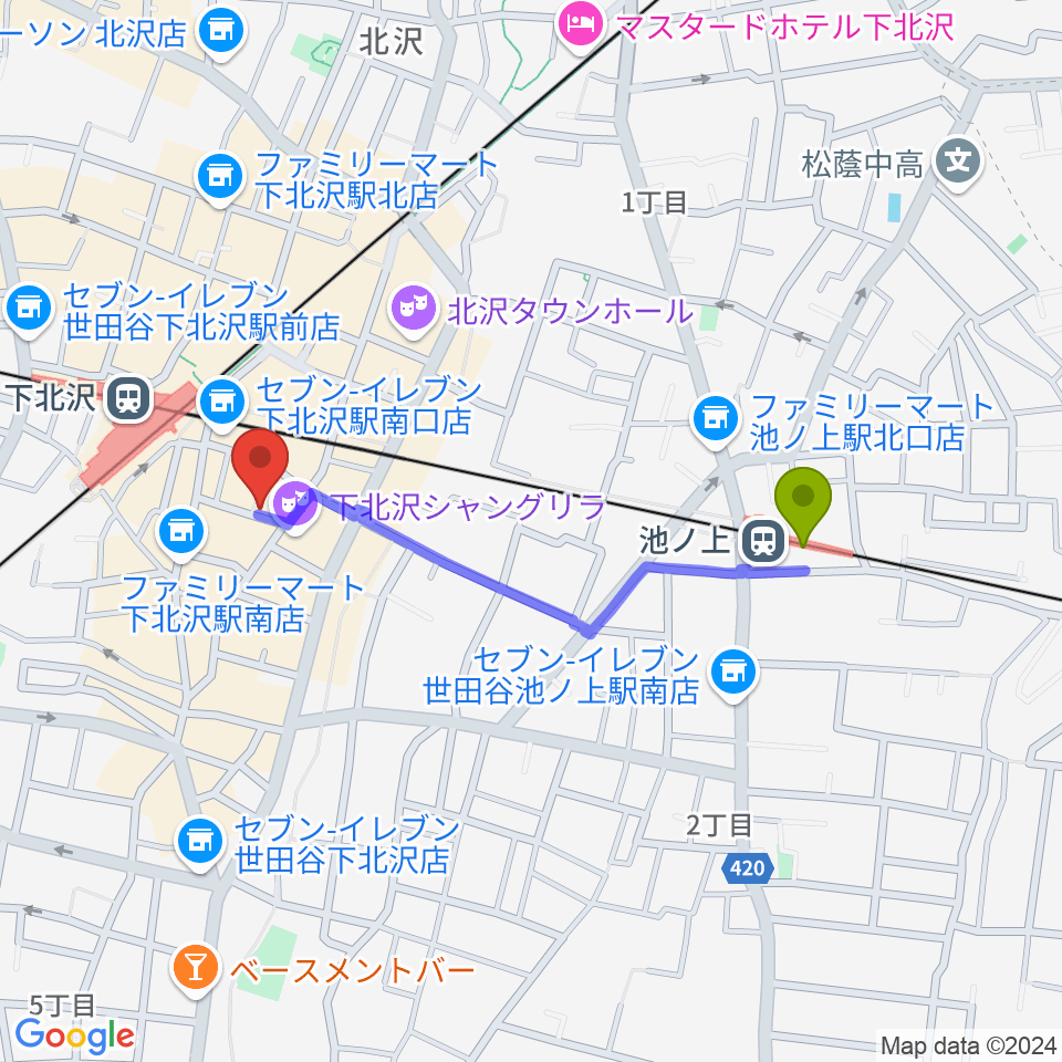 池ノ上駅からスクランブルズミュージックカレッジ下北沢校へのルートマップ地図