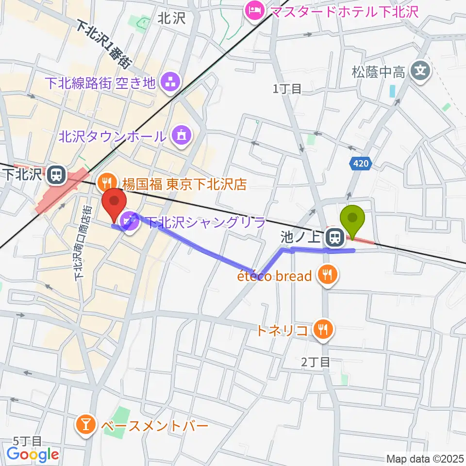 池ノ上駅からスクランブルズミュージックカレッジ下北沢校へのルートマップ地図