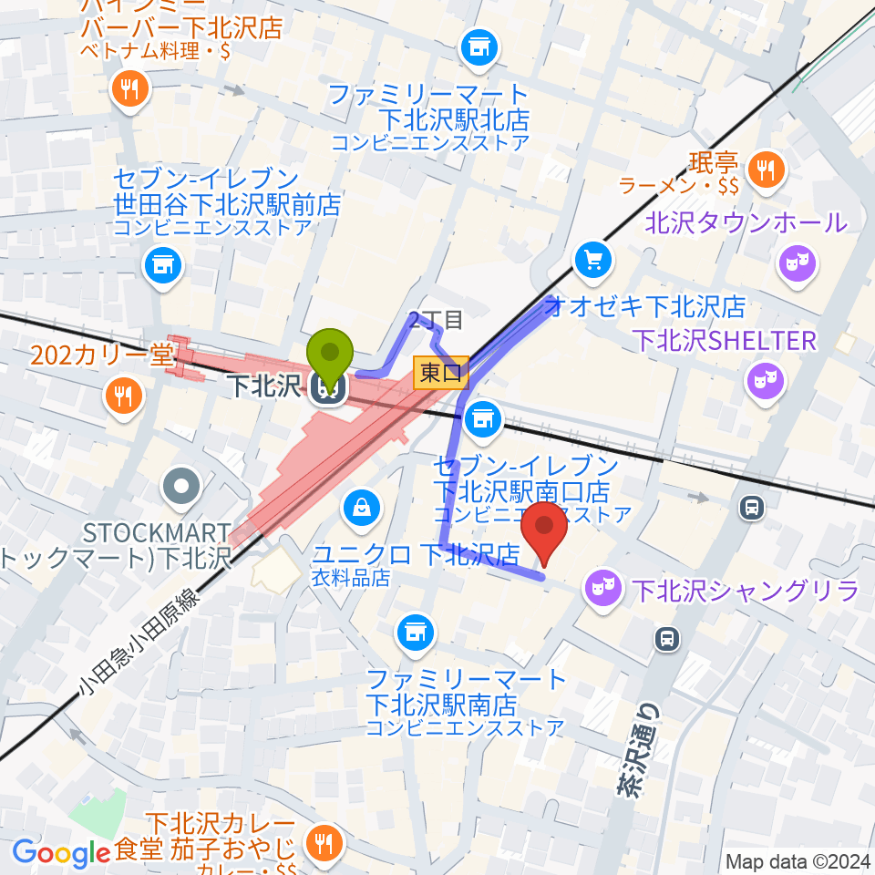 スクランブルズミュージックカレッジ下北沢校の最寄駅下北沢駅からの徒歩ルート（約2分）地図