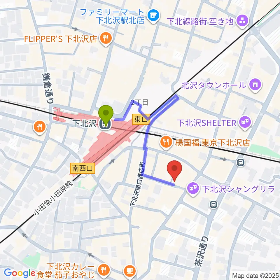スクランブルズミュージックカレッジ下北沢校の最寄駅下北沢駅からの徒歩ルート（約2分）地図