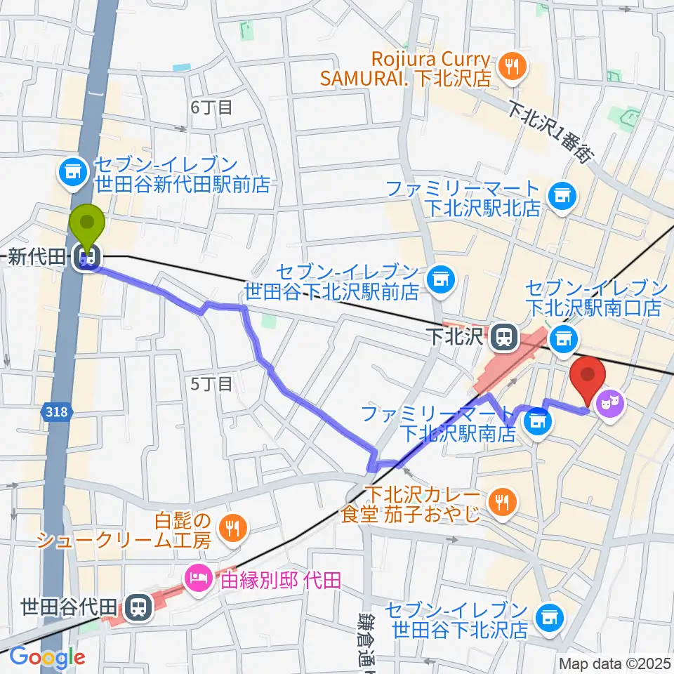 新代田駅からスクランブルズミュージックカレッジ下北沢校へのルートマップ地図