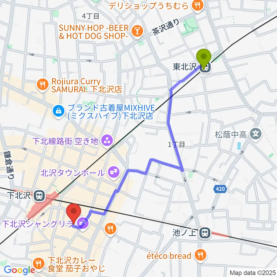 東北沢駅からスクランブルズミュージックカレッジ下北沢校へのルートマップ地図