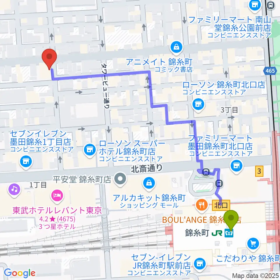 セルフストリングス音楽教室の最寄駅錦糸町駅からの徒歩ルート（約7分）地図