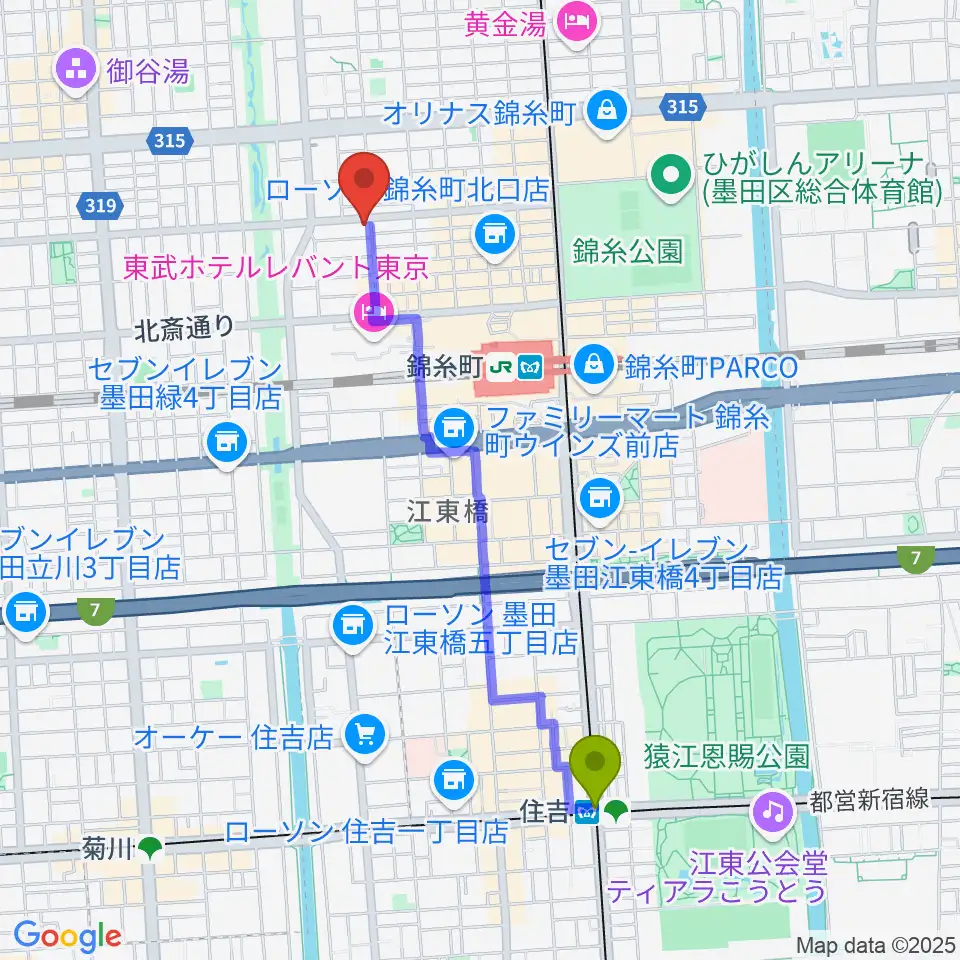 住吉駅からセルフストリングス音楽教室へのルートマップ地図