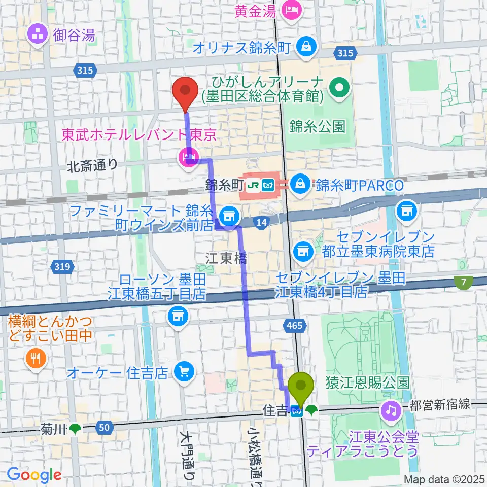 住吉駅からセルフストリングス音楽教室へのルートマップ地図