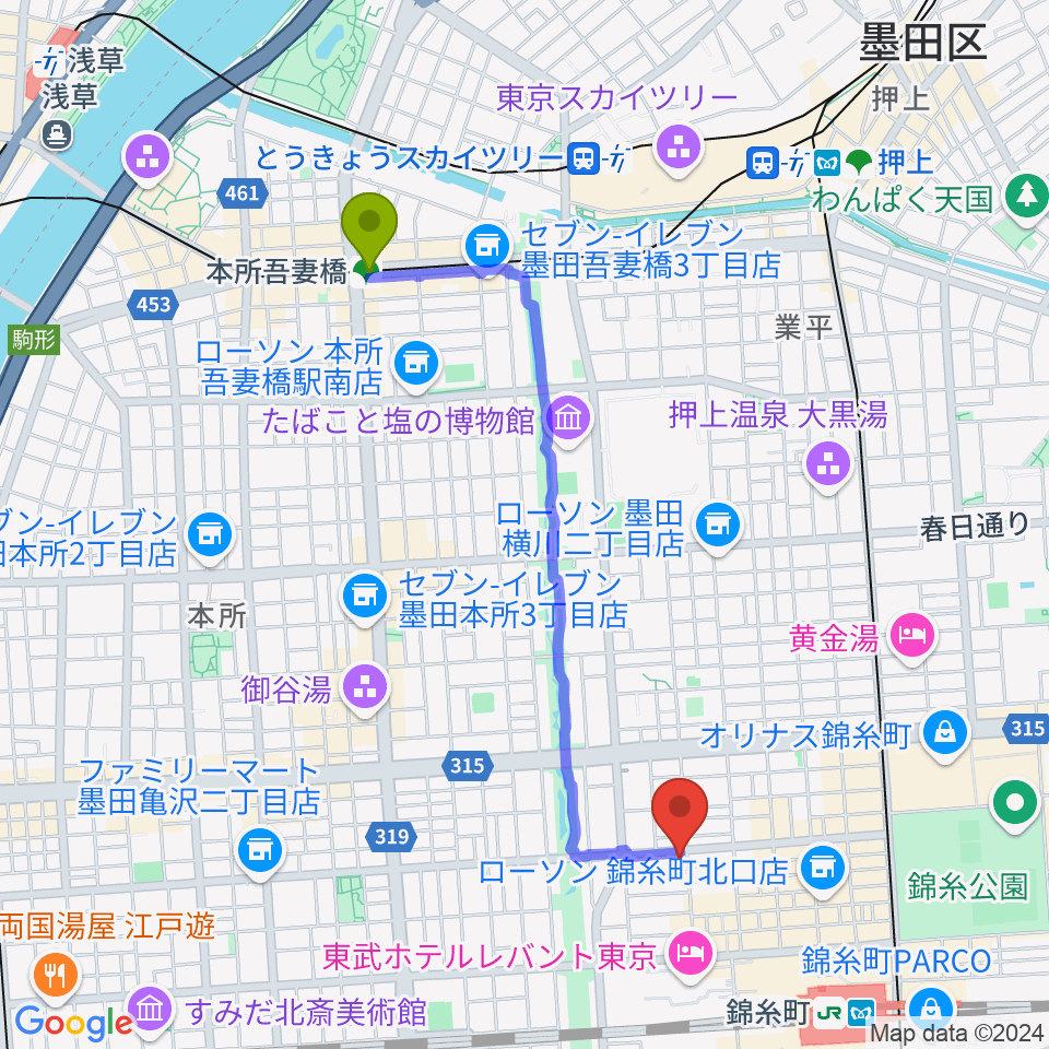 本所吾妻橋駅からセルフストリングス音楽教室へのルートマップ地図