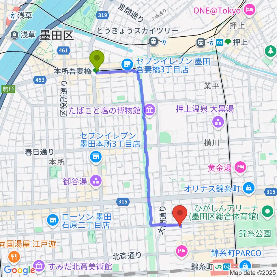 本所吾妻橋駅からセルフストリングス音楽教室へのルートマップ地図