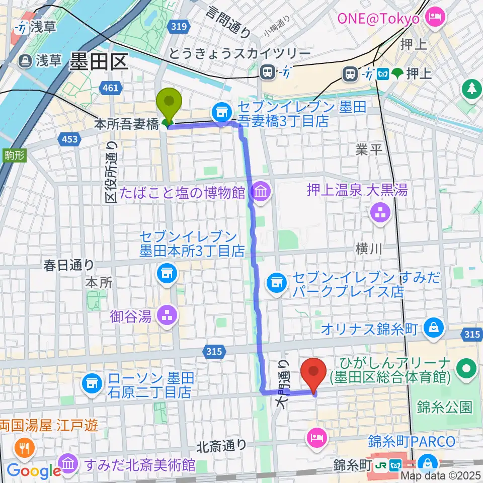 本所吾妻橋駅からセルフストリングス音楽教室へのルートマップ地図