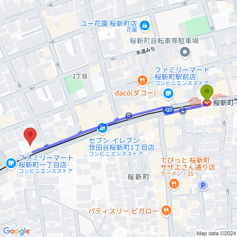 桜新町NEIGHBORの最寄駅桜新町駅からの徒歩ルート（約6分）地図