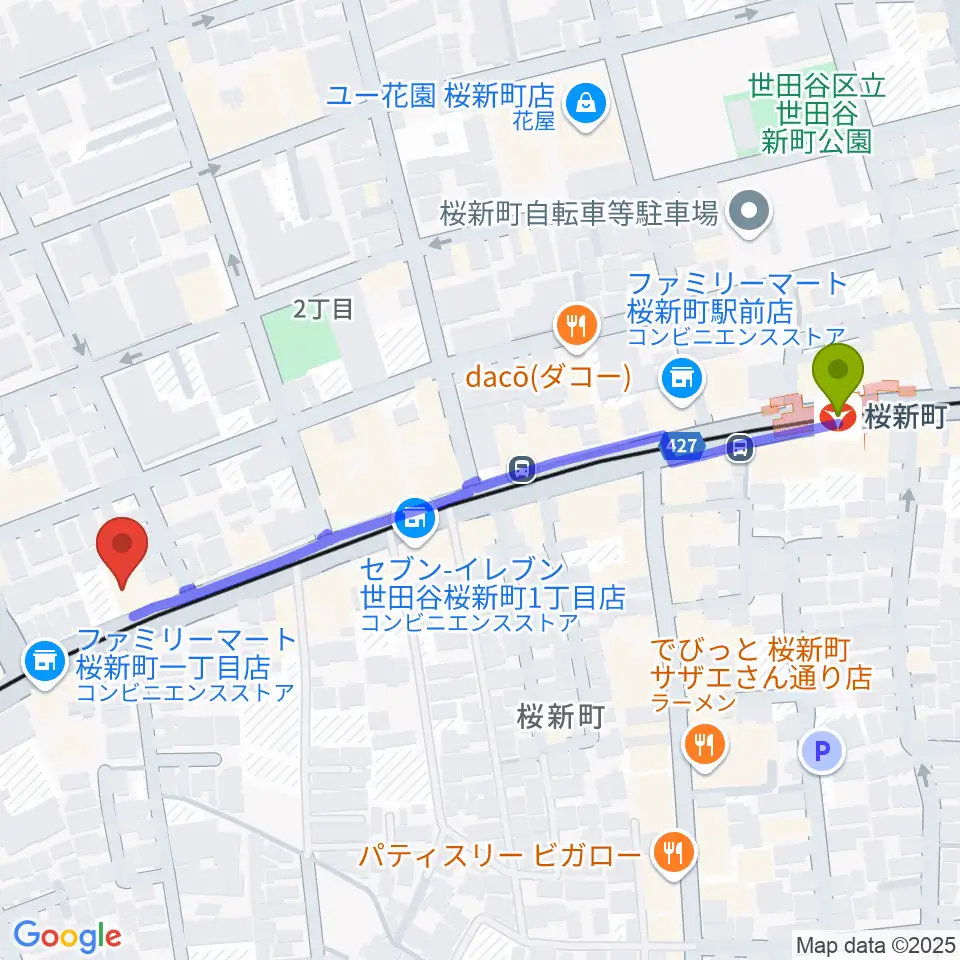 桜新町NEIGHBORの最寄駅桜新町駅からの徒歩ルート（約6分）地図