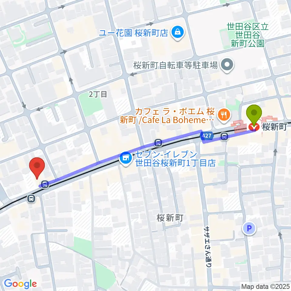 桜新町NEIGHBORの最寄駅桜新町駅からの徒歩ルート（約6分）地図