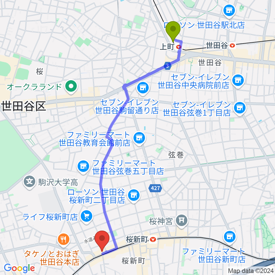 上町駅から桜新町NEIGHBORへのルートマップ地図