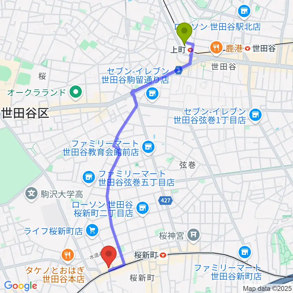 上町駅から桜新町NEIGHBORへのルートマップ地図