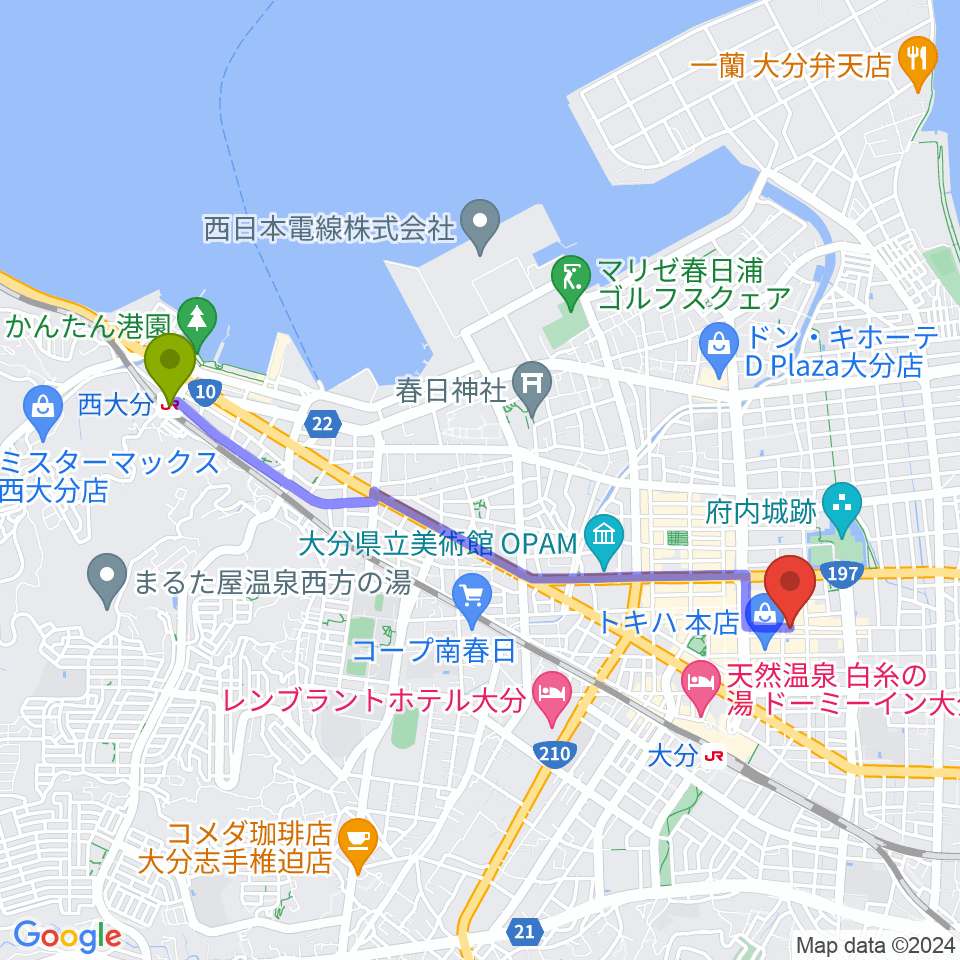 西大分駅から大分to-PLUSへのルートマップ地図