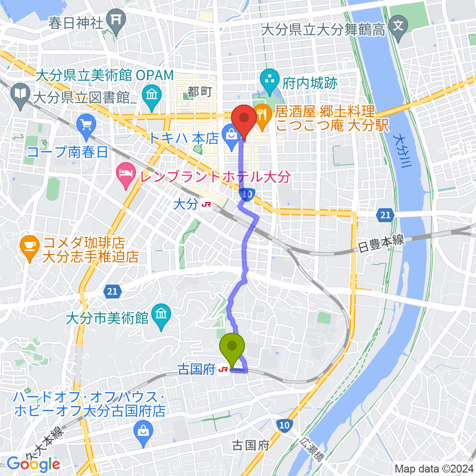 古国府駅から大分to-PLUSへのルートマップ地図