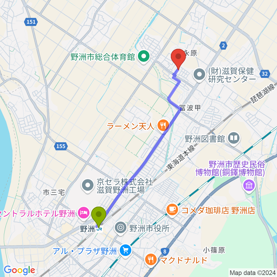 やまぎわ音楽教室の最寄駅野洲駅からの徒歩ルート（約40分）地図