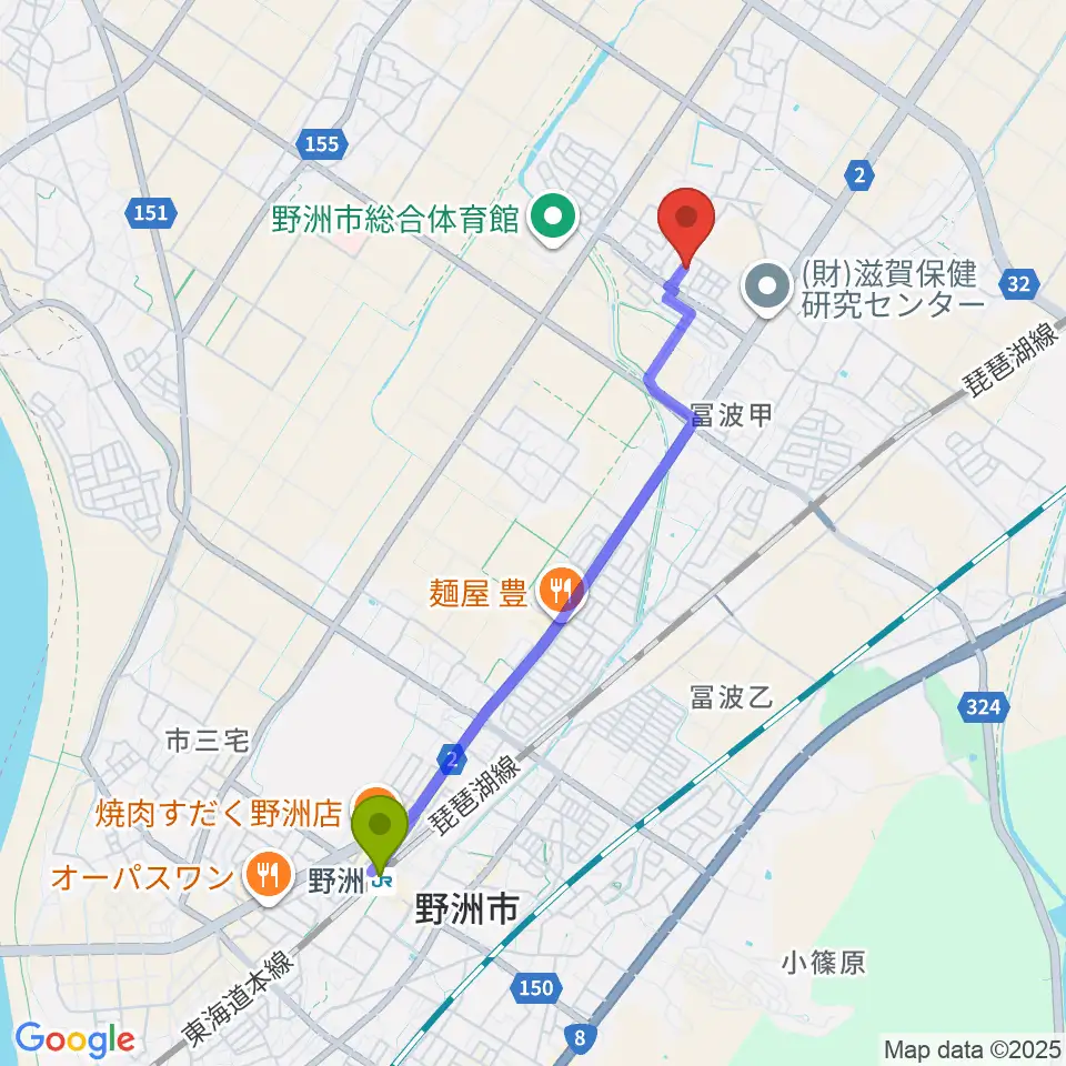 やまぎわ音楽教室の最寄駅野洲駅からの徒歩ルート（約40分）地図