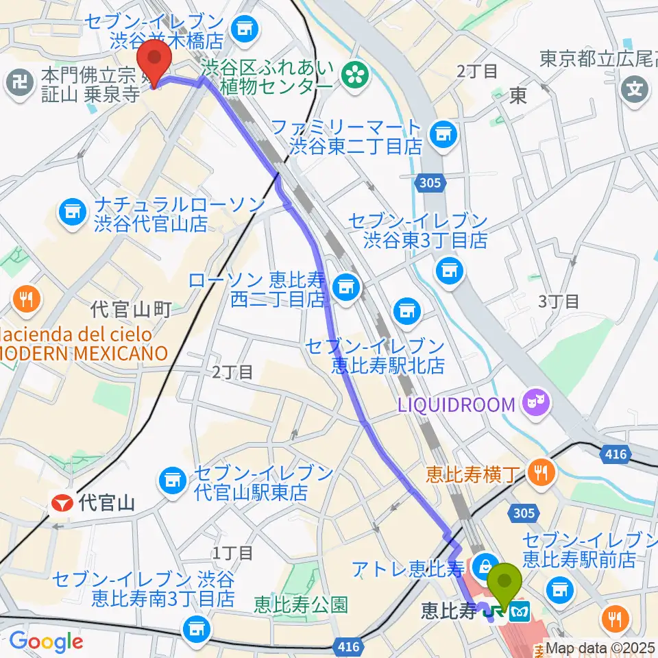 恵比寿駅から代官山スペースオッドへのルートマップ地図