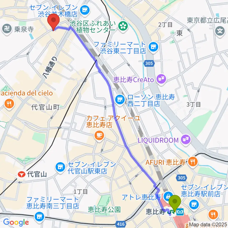 恵比寿駅から代官山スペースオッドへのルートマップ地図