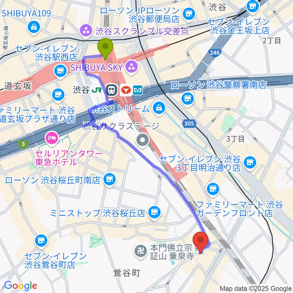 渋谷駅から代官山スペースオッドへのルートマップ地図