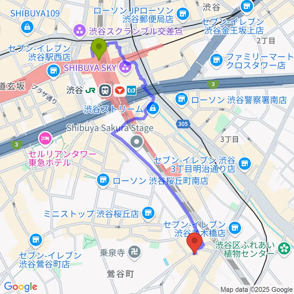 渋谷駅から代官山スペースオッドへのルートマップ地図