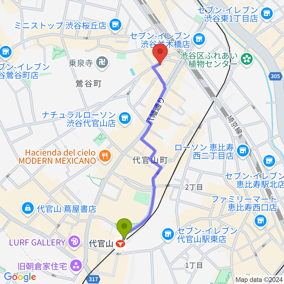 代官山スペースオッドの最寄駅代官山駅からの徒歩ルート（約10分） - MDATA