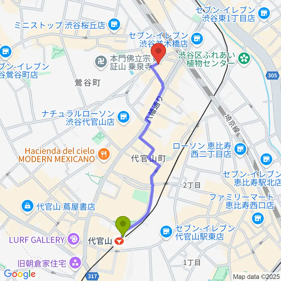 代官山スペースオッドの最寄駅代官山駅からの徒歩ルート（約10分）地図