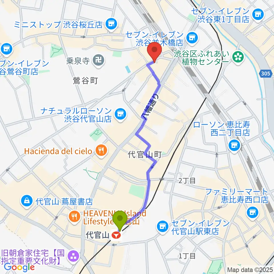 代官山スペースオッドの最寄駅代官山駅からの徒歩ルート（約10分）地図