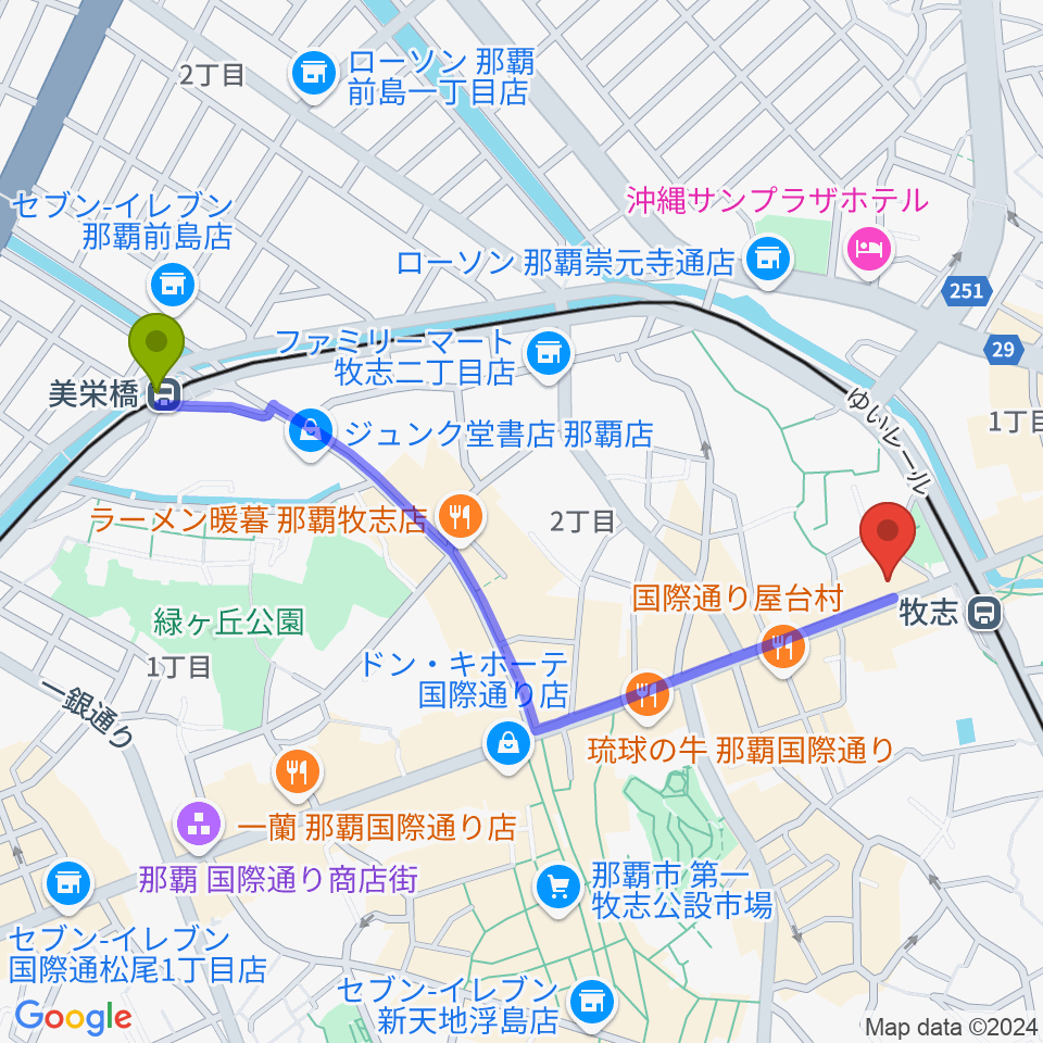 美栄橋駅から那覇D-Set Cafeへのルートマップ地図