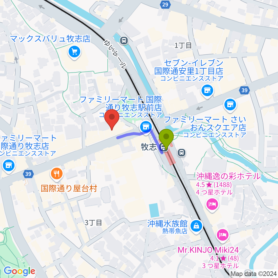 那覇D-Set Cafeの最寄駅牧志駅からの徒歩ルート（約2分）地図