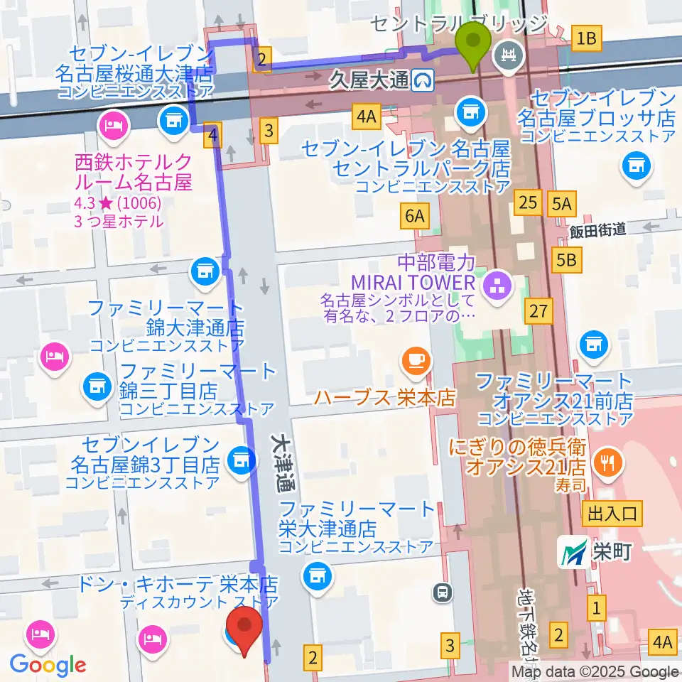 久屋大通駅からORCA NAGOYAへのルートマップ地図