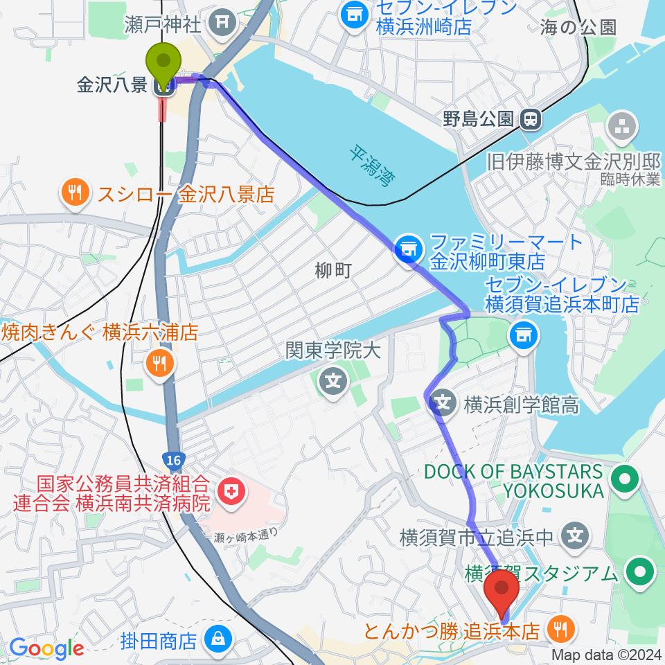 金沢八景駅からさくらい音楽院へのルートマップ地図