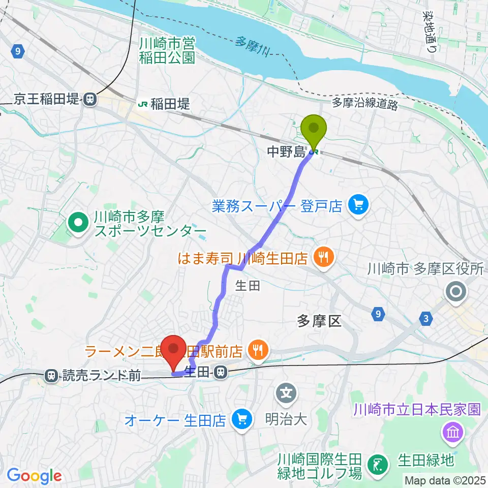 中野島駅からサウンドスタジオ ドーンへのルートマップ地図