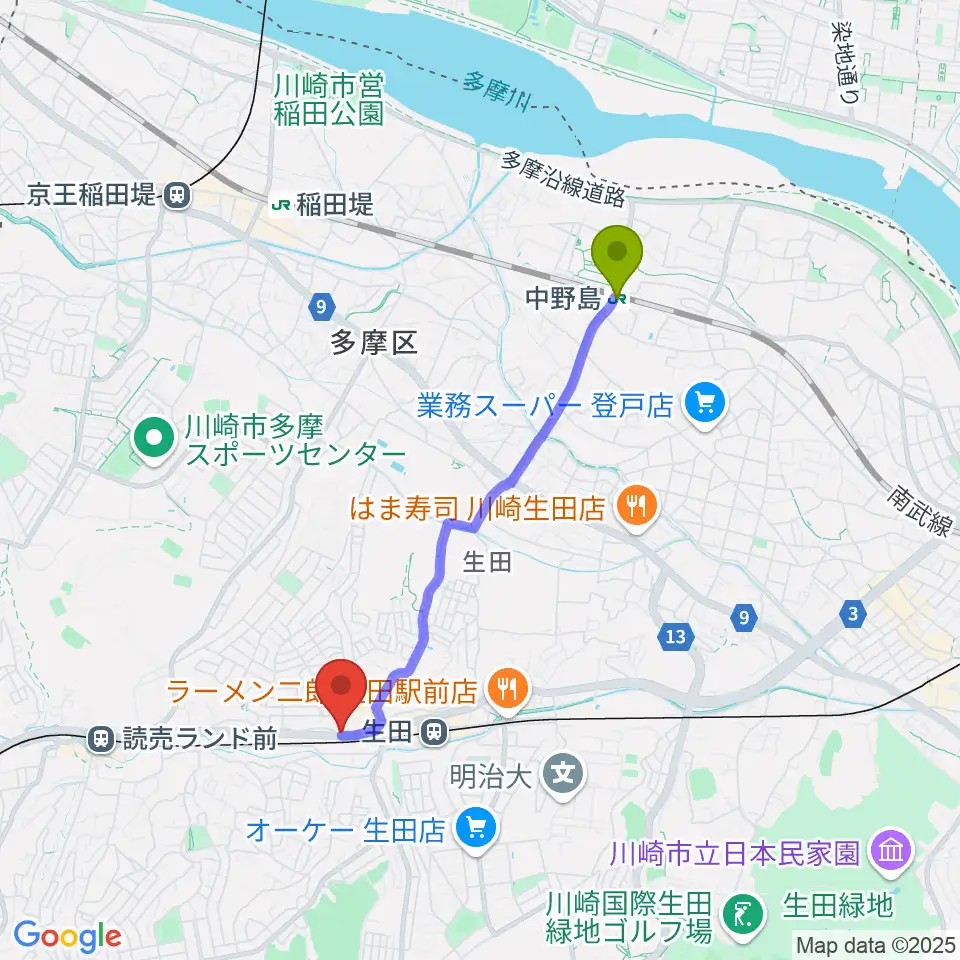 中野島駅からサウンドスタジオ ドーンへのルートマップ地図