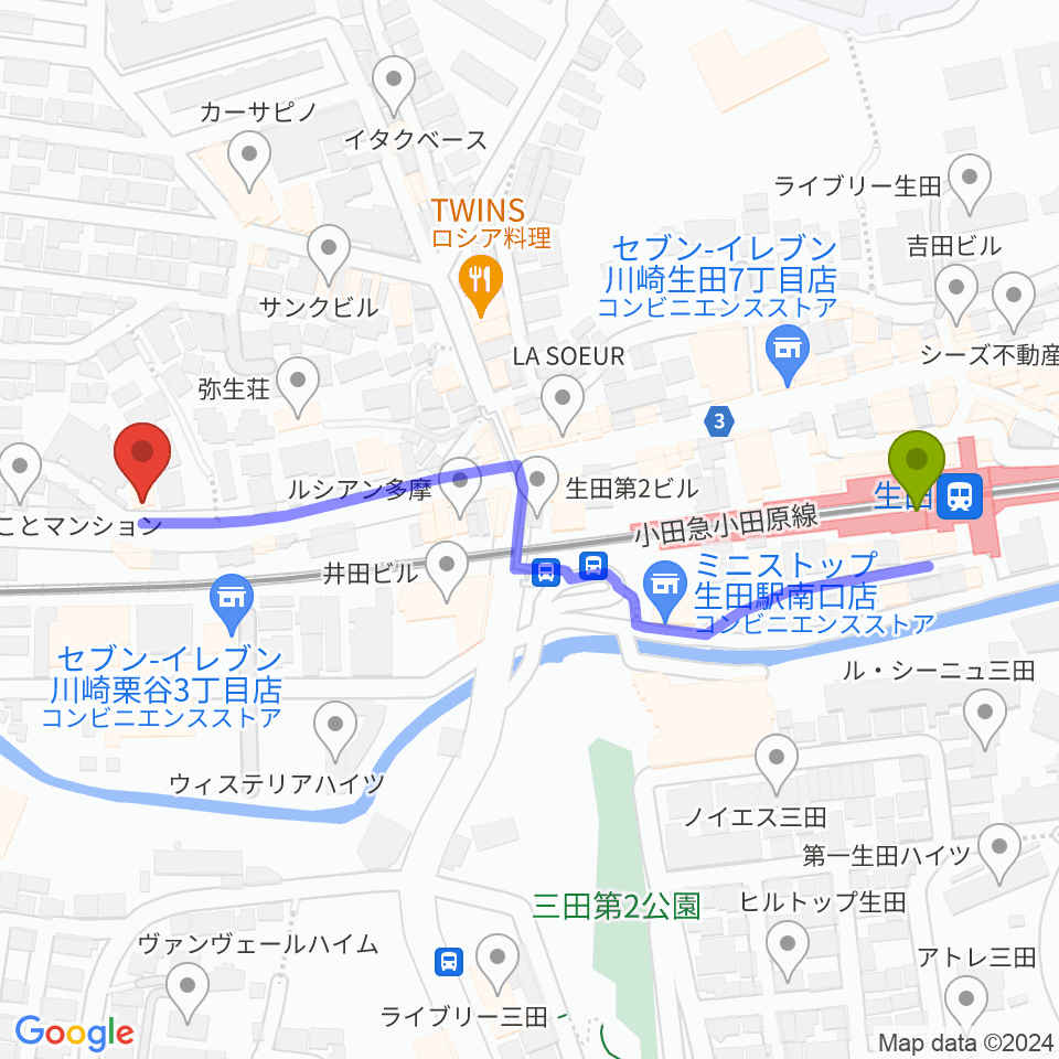 サウンドスタジオ ドーンの最寄駅生田駅からの徒歩ルート（約6分）地図