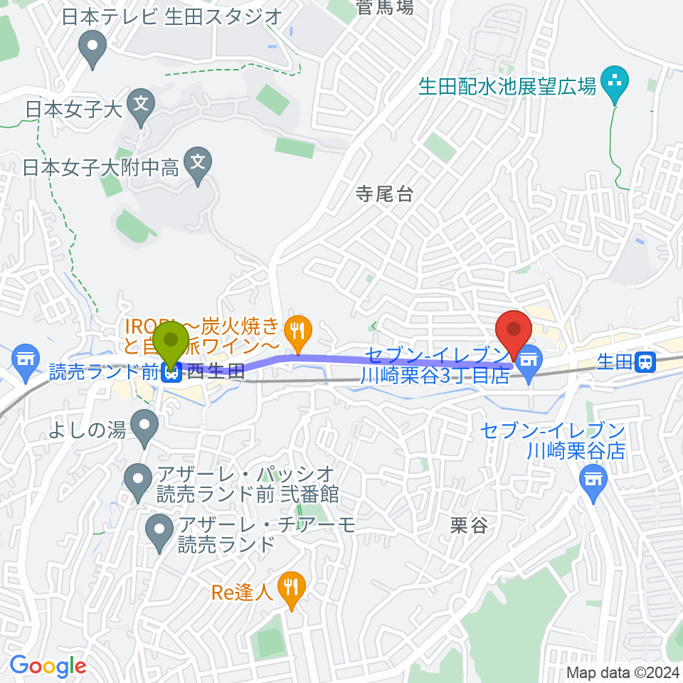 読売ランド前駅からサウンドスタジオ ドーンへのルートマップ地図